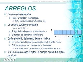 ARREGLOS
 Conjunto de elementos
 Finito, Ordenado y Homogéneo,
 Todos sus elementos son del mismo tipo
 Un arreglo estático se declara
int A[100];
 El tipo de los elementos, el identificador y
 El numero de elementos (dimensión)
 Cada elemento del arreglo tiene un índice
 En C, siempre el índice mas pequeño es el 0: limite inferior
 El limite superior, es 1 menos que la dimensión
 Si el arreglo tiene 100 elementos, el índice mas alto es el 99
 Y si un entero ocupa 4 bytes, el arreglo ocupa 400 bytes
seguidos
0 1 2 3 4 ...
A
99
 