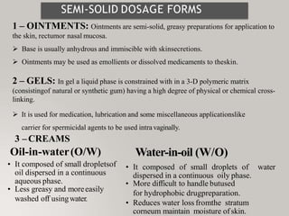 SEMI-SOLID DOSAGE FORMS
1 – OINTMENTS: Ointments are semi-solid, greasy preparations for application to
the skin, rectumor nasal mucosa.
 Base is usually anhydrous and immiscible with skinsecretions.
 Ointments may be used as emollients or dissolved medicaments to theskin.
2 – GELS: In gel a liquid phase is constrained with in a 3-D polymeric matrix
(consistingof natural or synthetic gum) having a high degree of physical or chemical cross-
linking.
 It is used for medication, lubrication and some miscellaneous applicationslike
carrier for spermicidal agents to be used intra vaginally.
3 –CREAMS
Oil-in-water(O/W) Water-in-oil (W/O)
• It composed of small dropletsof
oil dispersed in a continuous
aqueous phase.
• Less greasy and moreeasily
washed off usingwater.
• It composed of small droplets of water
dispersed in a continuous oily phase.
• More difficult to handle butused
for hydrophobic drugpreparation.
• Reduces water loss fromthe stratum
corneum maintain moisture of skin.
 