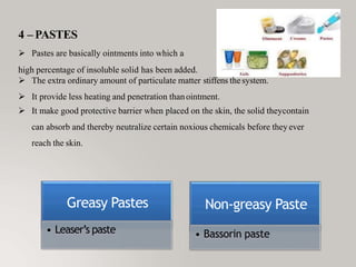 4 – PASTES
 Pastes are basically ointments into which a
high percentage of insoluble solid has been added.
 The extra ordinary amount of particulate matter stiffens thesystem.
 It provide less heating and penetration thanointment.
 It make good protective barrier when placed on the skin, the solid theycontain
can absorb and thereby neutralize certain noxious chemicals before theyever
reach the skin.
Greasy Pastes
• Leaser’s paste
Non-greasy Paste
• Bassorin paste
 