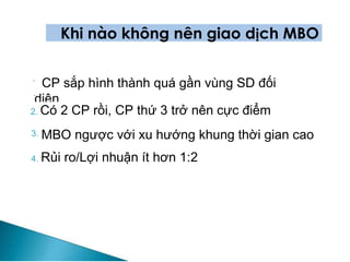 Khi nào không nên giao dịch MBO
1
.
CP sắp hình thành quá gần vùng SD đối
diện
2. Có 2 CP rồi, CP thứ 3 trở nên cực điểm
3. MBO ngược với xu hướng khung thời gian cao
4. Rủi ro/Lợi nhuận ít hơn 1:2
 