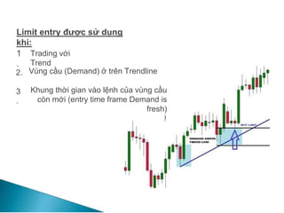 Limit entry được sử dụng
khi:
1
.
Trading với
Trend
2. Vùng cầu (Demand) ở trên Trendline
Khung thời gian vào lệnh của vùng cầu
còn mới (entry time frame Demand is
fresh)
3
.
 