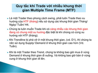 Quy tắc khi Trade với nhiều khung thời
gian Multiple Time Frame (MTF)
► Là một Trader theo phong cách swing, phải luôn Trade theo xu
hướng của HTF (tháng) nếu sử dụng các khung thời gian Tháng/
Ngày/ Tuần/ H4.
► Chúng ta luôn muốn Trade khi có càng nhiều các khung thời gian
đang có chung một xu hướng đặc biệt là khi chúng có cùng xu
hướng với HTF (tháng).
► Khi Trendline bị phá vỡ ở một khung thời gian, (vd. D1), thì chúng ta
nên sử dụng Supply/ Demand ở khung thời gian cao hơn (Vd.
Tuần).
► Khi là một Trader theo Trend, chúng ta không bao giờ mua ở vùng
Demand ở khung thời gian đi xuống. Và không bao giờ bán ở vùng
cung ở khung thời gian đi lên.
 