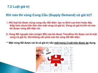 Khi nào thì vùng Cung Cầu (Supply Demand) có giá trị?
1. Khi loại bỏ được vùng cung cầu đối diện: tạo ra đỉnh cao hơn hoặc đáy
thấp hơn chưa hẳn làm cho một vùng có giá trị. Vùng có giá trị khi nó xóa
bỏ được vùng đối diện nó.
2. Vùng SD nguyên bản (origin SD) xóa bỏ được Trendline thì được coi là một
vùng có giá trị. Giá không cần phải xóa bỏ vùng SD đối diện.
** Một vùng SD được coi là có giá trị nếu một trong 2 luật trên được áp dụng.
7.2 Luật giá trị
 