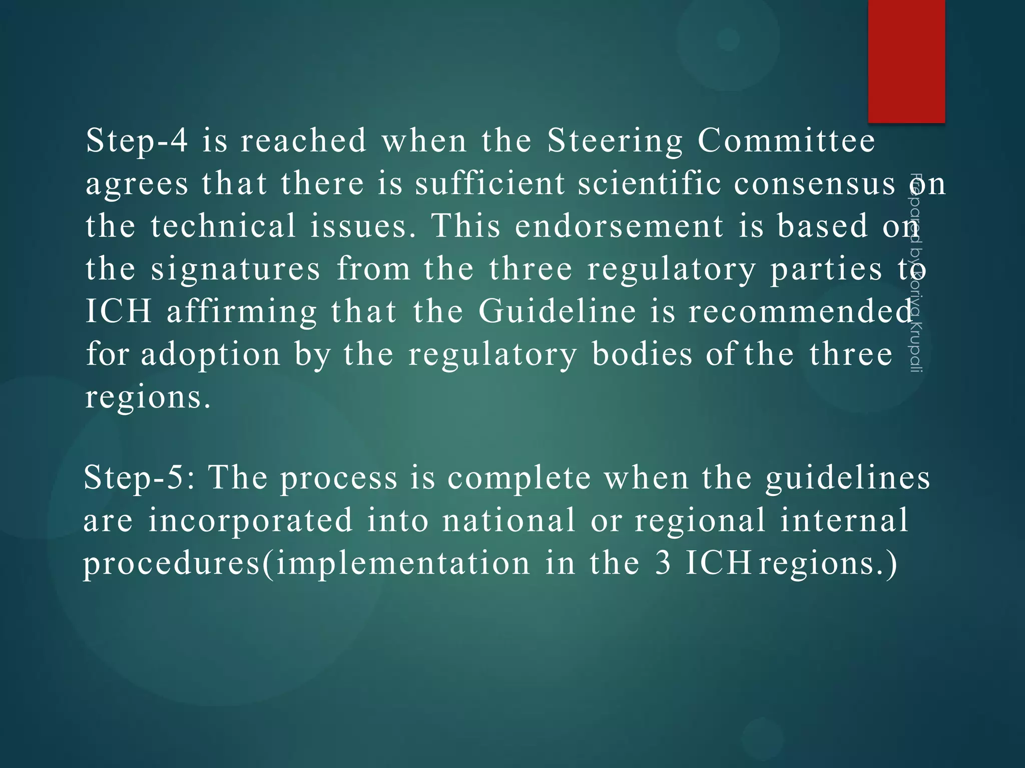 Step-4 is reached when the Steering Committee
agrees that there is sufficient scientific consensus on
the technical issues. This endorsement is based on
the signatures from the three regulatory parties to
ICH affirming that the Guideline is recommended
for adoption by the regulatory bodies of the three
regions.
Step-5: The process is complete when the guidelines
are incorporated into national or regional internal
procedures(implementation in the 3 ICH regions.)
 