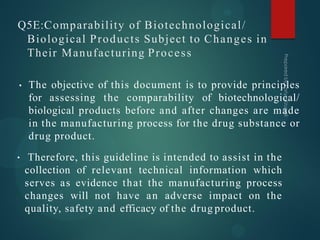 Q5E:Comparability of Biotechnological/
Biological Products Subject to Changes in
Their Manufacturing Process
• The objective of this document is to provide principles
for assessing the comparability of biotechnological/
biological products before and after changes are made
in the manufacturing process for the drug substance or
drug product.
• Therefore, this guideline is intended to assist in the
collection of relevant technical information which
serves as evidence that the manufacturing process
changes will not have an adverse impact on the
quality, safety and efficacy of the drug product.
 