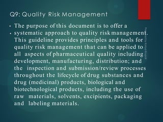 Q9: Quality Risk Management
•
• The purpose of this document is to offer a
systematic approach to quality risk management.
This guideline provides principles and tools for
quality risk management that can be applied to
all aspects of pharmaceutical quality including
development, manufacturing, distribution; and
the inspection and submission/review processes
throughout the lifecycle of drug substances and
drug (medicinal) products, biological and
biotechnological products, including the use of
raw materials, solvents, excipients, packaging
and labeling materials.
 