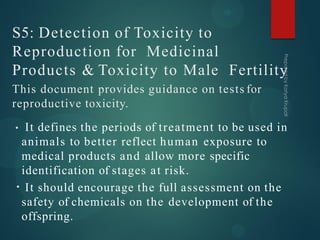 S5: Detection of Toxicity to
Reproduction for Medicinal
Products & Toxicity to Male Fertility
This document provides guidance on tests for
reproductive toxicity.
•
•
It defines the periods of treatment to be used in
animals to better reflect human exposure to
medical products and allow more specific
identification of stages at risk.
It should encourage the full assessment on the
safety of chemicals on the development of the
offspring.
 