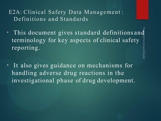 E2A: Clinical Safety Data Management :
Definitions and Standards
• This document gives standard definitions and
terminology for key aspects of clinical safety
reporting.
• It also gives guidance on mechanisms for
handling adverse drug reactions in the
investigational phase of drug development.
 