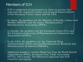 Members of ICH
• ICH is comprised of representatives from six parties that
represent the regulatory bodies and research-based industry
in the European Union, Japan and the USA.
• In Japan, the members are the Ministry of Health, Labour and
Welfare (MHLW), and the Japan Pharmaceutical
Manufacturers Association (JPMA).
• In Europe, the members are the European Union (EU), and
the European Federation of Pharmaceutical Industries and
Associations (EFPIA).
• In the USA, the members are the Food and Drug
Administration (FDA), and the Pharmaceutical Research and
Manufacturers of America (PhRMA).
• Additional members include Observers from the World Health
Organization (WHO), European Free Trade Association
(EFTA), and Canada. The Observers represent non-ICH
countries and regions. 6
 