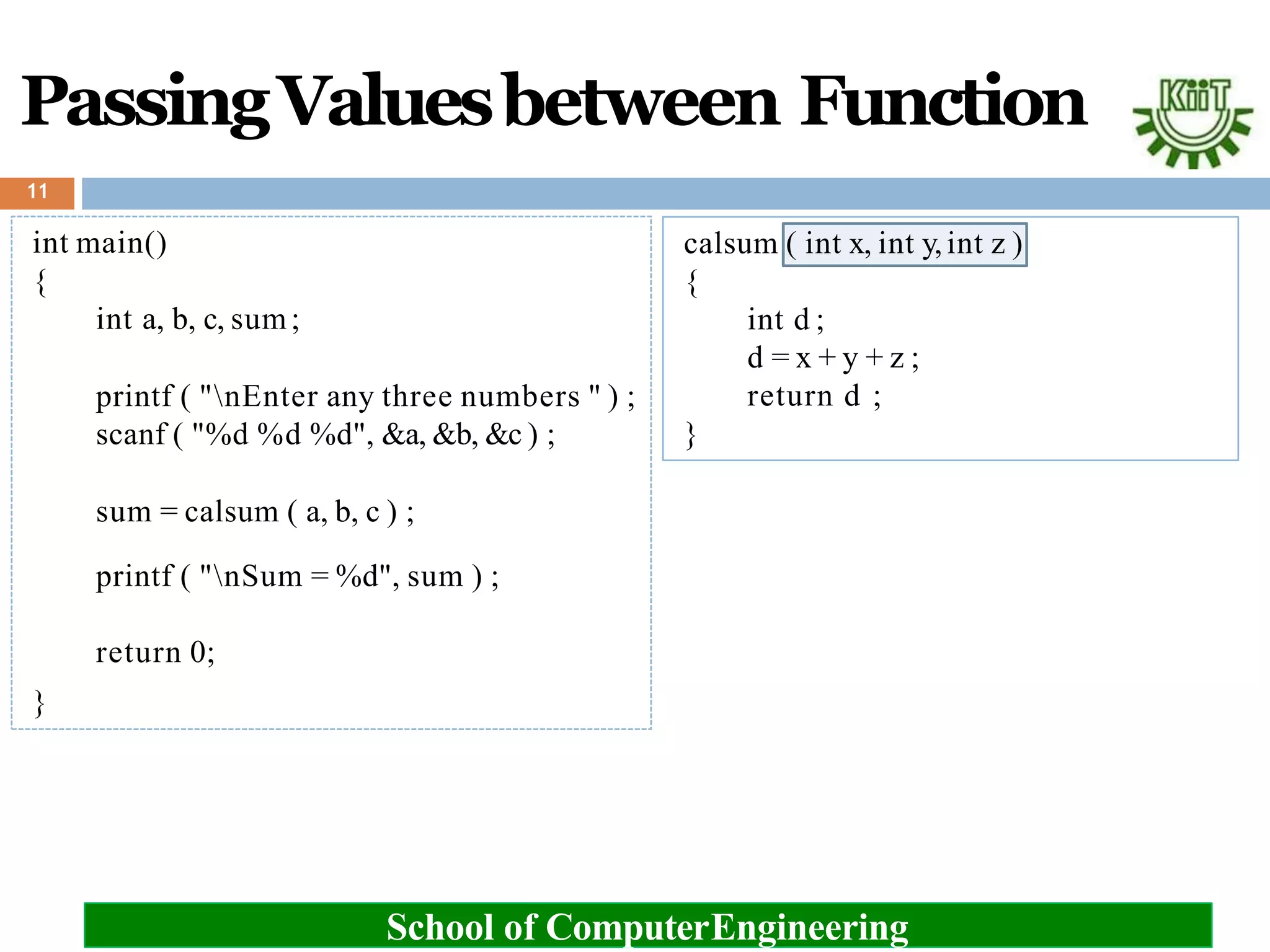 calsum ( int x, int y,int z )
{
int d ;
d = x + y + z ;
return d ;
}
PassingValuesbetween Function
11
int main()
{
int a, b, c, sum;
printf ( "nEnter any three numbers " ) ;
scanf ( "%d %d %d", &a, &b, &c ) ;
sum = calsum ( a, b, c ) ;
printf ( "nSum = %d", sum ) ;
return 0;
}
School of ComputerEngineering
 