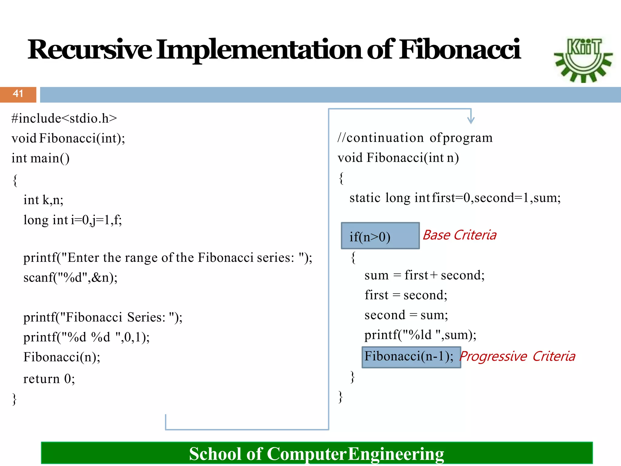RecursiveImplementationof Fibonacci
#include<stdio.h>
void Fibonacci(int);
int main()
{
int k,n;
long int i=0,j=1,f;
printf("Enter the range of the Fibonacci series: ");
scanf("%d",&n);
printf("Fibonacci Series: ");
printf("%d %d ",0,1);
Fibonacci(n);
return 0;
}
//continuation ofprogram
void Fibonacci(int n)
{
static long intfirst=0,second=1,sum;
if(n>0)
{
}
}
Base Criteria
School of ComputerEngineering
sum = first+ second;
first = second;
second = sum;
printf("%ld ",sum);
Fibonacci(n-1); Progressive Criteria
41
 