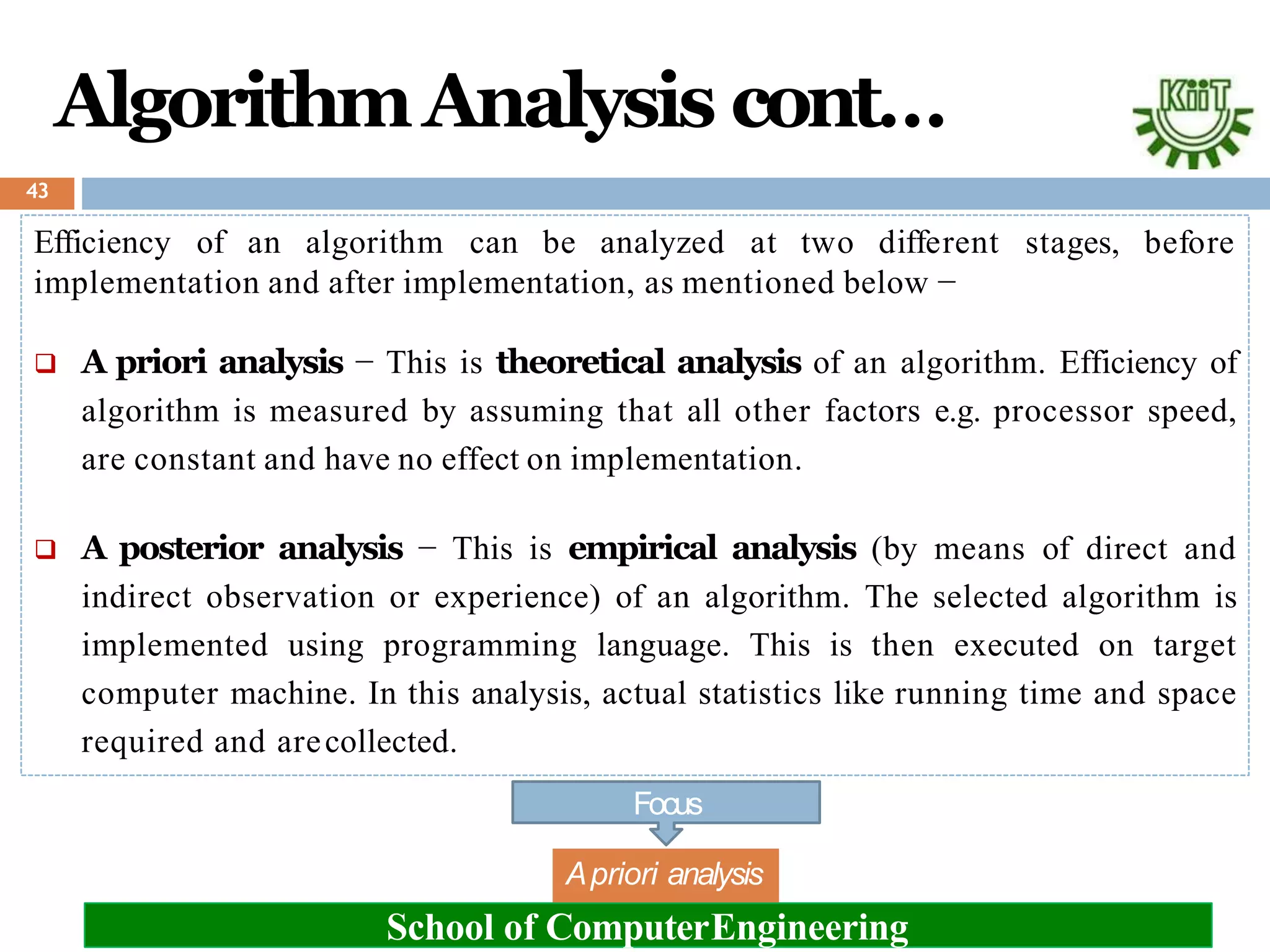 AlgorithmAnalysis cont…
stages, before
 A priori analysis − This is theoretical analysis of an algorithm. Efficiency of
algorithm is measured by assuming that all other factors e.g. processor speed,
are constant and have no effect on implementation.
 A posterior analysis − This is empirical analysis (by means of direct and
indirect observation or experience) of an algorithm. The selected algorithm is
implemented using programming language. This is then executed on target
computer machine. In this analysis, actual statistics like running time and space
required and arecollected.
Focus
School of ComputerEngineering
43
Efficiency of an algorithm can be analyzed at two different
implementation and after implementation, as mentioned below −
Apriori analysis
 