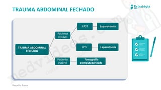 medvideos.com
Cópia não é roubo ♥
Renatha Paiva
TRAUMA ABDOMINAL FECHADO
TRAUMA ABDOMINAL
FECHADO
Paciente
instável
FAST Laparotomia
LPD Laparotomia
Paciente
estável
Tomografia
computadorizada
medvideos.com
Cópia não é roubo ♥
 