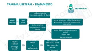 medvideos.com
Cópia não é roubo ♥
TRAUMA URETERAL - TRATAMENTO
Trauma
ureteral
Lesão
aguda
Lesão contusa ou
incompleta: cateter de duplo
J
Lesão completa
sempre colocar cateter
ureteral
Ureter proximal e médio: fechamento
primário, ureteroureteroanastomose
espatulada
Ureter distal: reimplante uretero-
vesical
**Psoas Hitch
*Retalho de Boari
Trauma
ureteral
Damage
control
Ligadura
ureter
+
Nefrostomia
percutânea
Reconstrução
precoce (7 dias)
Reconstrução
tardia
(3 a 6 meses)
medvideos.com
Cópia não é roubo ♥
 