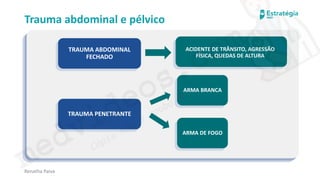 medvideos.com
Cópia não é roubo ♥
Trauma abdominal e pélvico
Renatha Paiva
TRAUMA ABDOMINAL
FECHADO
TRAUMA PENETRANTE
ARMA BRANCA
ARMA DE FOGO
ACIDENTE DE TRÂNSITO, AGRESSÃO
FÍSICA, QUEDAS DE ALTURA
medvideos.com
Cópia não é roubo ♥
 