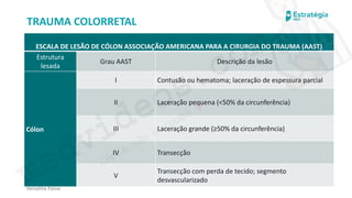 medvideos.com
Cópia não é roubo ♥
Renatha Paiva
TRAUMA COLORRETAL
ESCALA DE LESÃO DE CÓLON ASSOCIAÇÃO AMERICANA PARA A CIRURGIA DO TRAUMA (AAST)
Estrutura
lesada
Grau AAST Descrição da lesão
Cólon
I Contusão ou hematoma; laceração de espessura parcial
II Laceração pequena (<50% da circunferência)
III Laceração grande (≥50% da circunferência)
IV Transecção
V
Transecção com perda de tecido; segmento
desvascularizado
medvideos.com
Cópia não é roubo ♥
 