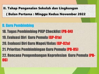 II. Tahap Pengenalan Sekolah dan Lingkungan
( Bulan Pertama : Minggu Kedua November 2022
D. Guru Pembimbing
18. Tugas Pembimbing PIGP Checklist (PB-04)
19. Evaluasi Diri Guru Pemula (GP-01a)
20. Evaluasi Diri Guru Mapel/Kelas (GP-02a)
21. Prioritas Pembimbingan Guru Pemula (PB-05)
22. Rencana Pengembangan Keprofesian Guru Pemula (PB-
06)
 