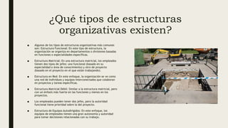 ¿Qué tipos de estructuras
organizativas existen?
■ Algunos de los tipos de estructuras organizativas más comunes
son: Estructura Funcional: En este tipo de estructura, la
organización se organiza en departamentos o divisiones basadas
en funciones o especialidades específicas.
■ Estructura Matricial: En una estructura matricial, los empleados
tienen dos tipos de jefes: uno funcional (basado en su
especialidad o área de conocimiento) y otro de proyecto
(basado en el proyecto en el que están trabajando).
■ Estructura en Red: En este enfoque, la organización se ve como
una red de individuos y equipos interconectados que colaboran
en proyectos y tareas específicas.
■ Estructura Matricial Débil: Similar a la estructura matricial, pero
con un énfasis más fuerte en las funciones y menos en los
proyectos.
■ Los empleados pueden tener dos jefes, pero la autoridad
funcional tiene prioridad sobre la del proyecto.
■ Estructura de Equipos Autodirigidos: En este enfoque, los
equipos de empleados tienen una gran autonomía y autoridad
para tomar decisiones relacionadas con su trabajo.
 