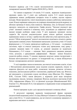 Класного журналу для 1-4-х класів загальноосвітніх навчальних закладів,
затвердженої наказом МОН України 08.04.2015 р. №412.
Усі записи в журналах 1-4 класів, 5-11 класів, журналах індивідуально-
групових занять (по 3 учні) для здобувачів освіти 5-11 класів ведуться
державною мовою. розбірливим почерком чітко й охайно, пастою чорного
кольору. Назви предметів у змісті відповідають назвам у робочому навчальному
плані. Класні керівники записують на сторінках відповідних розділів журналу за
абеткою прізвища й імена учнів повністю. Прізвище, ім'я, по батькові вчителя
предмету записують не скорочуючи. Графи розділу “Загальні відомості про
учнів” заповнені повністю в кожному класі, відповідно до алфавітної книги
вказані номери особових справ учнів. У всіх журналах заповнені листки
здоров’я. На підставі документальних даних вчасно зроблені класними
керівниками записи в зв’язку з прибуттям або вибуттям учнів протягом року. У
розділі “Облік відвідування” вчителі систематично відмічають кількість уроків,
пропущених кожним учнем. Оцінювання навчальних досягнень учнів 1-4 класів
формувальне: у 1-2 класах проводиться вербально, у 3-4 класах – за рівневою
системою, через те вчителі записують тільки дату проведення, тему уроку і
домашнє завдання (крім 1-2 класів, де домашні завдання не задаються).
Оцінювання у 5-11 класах — оцінкове. Зміст домашнього завдання записано
чітко, детально, з урахуванням диференціації. Вказані записи більшість
педагогів робить вчасно. У класних журналах ведуться записи інструктажів з
безпеки життєдіяльності на уроках і в позаурочний час, а також облікуються
бесіди з попередження дитячого травматизму.
У ході перевірки також встановлено, що вчителі початкових класів, згідно
з Методичними рекомендаціями щодо ведення класних журналів, вчасно та
коректно фіксують всі види робіт: позакласне читання, розвиток зв’язного
мовлення, діагностувальні роботи з математики, української мови, ядс. Вчителі,
які викладають у початкових класах англійську мову (Височан Л.Б., Лаврись
В.М., Сегелин Н.Ю.) також фіксують у журналах різні види контролю
(аудіювання, письмо, читання, говоріння). Вчитель музичного мистецтва (Смій
І.М.), інформатики (Кіраль Х.І.) та фізичної культури (Михайловський В.В.,
Ігнатюк Т.А., Мотикевич Н.А.) теж працюють із журналами згідно затверджених
рекомендацій.
Освітні програми за рік з усіх предметів виконані в повному обсязі.
У результаті перевірки журналів індивідуальної форми навчання
(педагогічний патронаж) учнів 2-А класу Шевчук Єлизавети та Турченка Даміра,
двох учнів 8-Б та 11 класів виявилось, що всі вчителі в основному працюють із
журналами своєчасно та охайно.
 