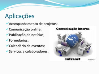 Aplicações
Acompanhamento de projetos;
Comunicação online;
Publicação de notícias;
Formulários;
Calendário de eventos;
Serviços a colaboradores.
 