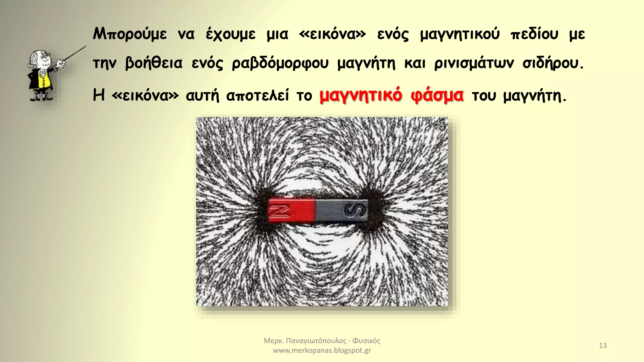 Μερκ. Παναγιωτόπουλος - Φυσικός
www.merkopanas.blogspot.gr
13
Μπορούμε να έχουμε μια «εικόνα» ενός μαγνητικού πεδίου με
την βοήθεια ενός ραβδόμορφου μαγνήτη και ρινισμάτων σιδήρου.
Η «εικόνα» αυτή αποτελεί το μαγνητικό φάσμα του μαγνήτη.
 