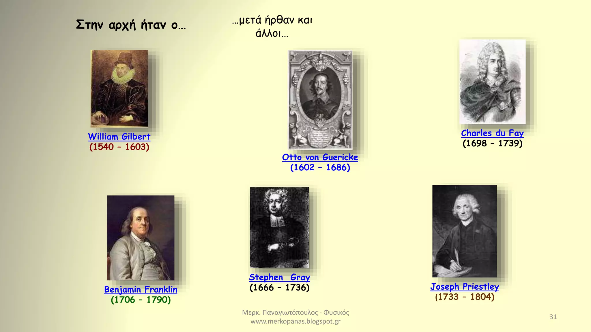 Μερκ. Παναγιωτόπουλος - Φυσικός
www.merkopanas.blogspot.gr
31
Στην αρχή ήταν ο…
William Gilbert
(1540 – 1603)
…μετά ήρθαν και
άλλοι…
Otto von Guericke
(1602 – 1686)
Stephen Gray
(1666 – 1736)
Charles du Fay
(1698 – 1739)
Benjamin Franklin
(1706 – 1790)
Joseph Priestley
(1733 – 1804)
 