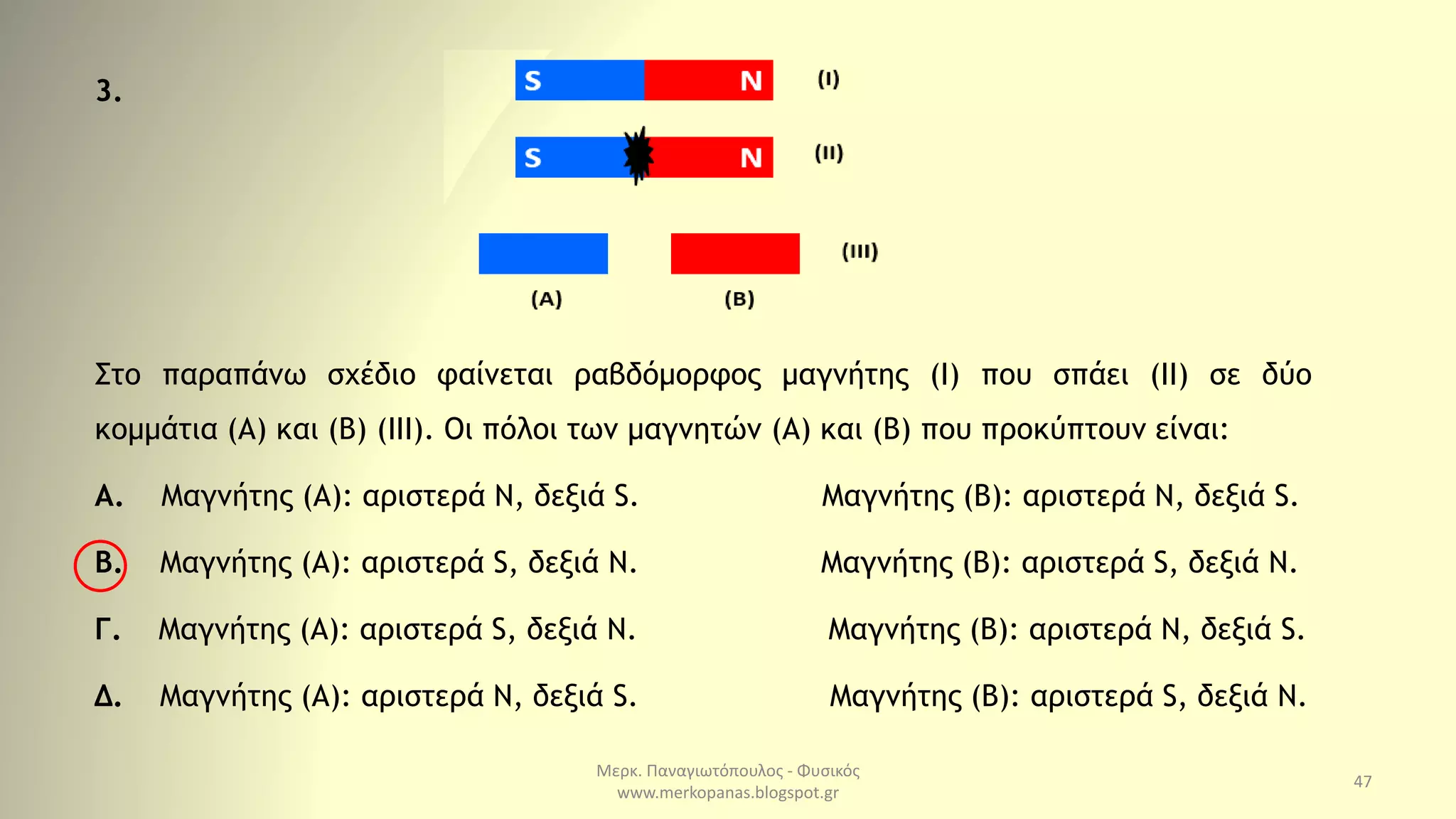 Μερκ. Παναγιωτόπουλος - Φυσικός
www.merkopanas.blogspot.gr
47
Στο παραπάνω σχέδιο φαίνεται ραβδόμορφος μαγνήτης (I) που σπάει (II) σε δύο
κομμάτια (Α) και (Β) (ΙΙΙ). Οι πόλοι των μαγνητών (Α) και (Β) που προκύπτουν είναι:
Α. Μαγνήτης (Α): αριστερά Ν, δεξιά S. Μαγνήτης (B): αριστερά Ν, δεξιά S.
Β. Μαγνήτης (Α): αριστερά S, δεξιά N. Μαγνήτης (B): αριστερά S, δεξιά N.
Γ. Μαγνήτης (Α): αριστερά S, δεξιά N. Μαγνήτης (B): αριστερά Ν, δεξιά S.
Δ. Μαγνήτης (Α): αριστερά Ν, δεξιά S. Μαγνήτης (B): αριστερά S, δεξιά N.
3.
 