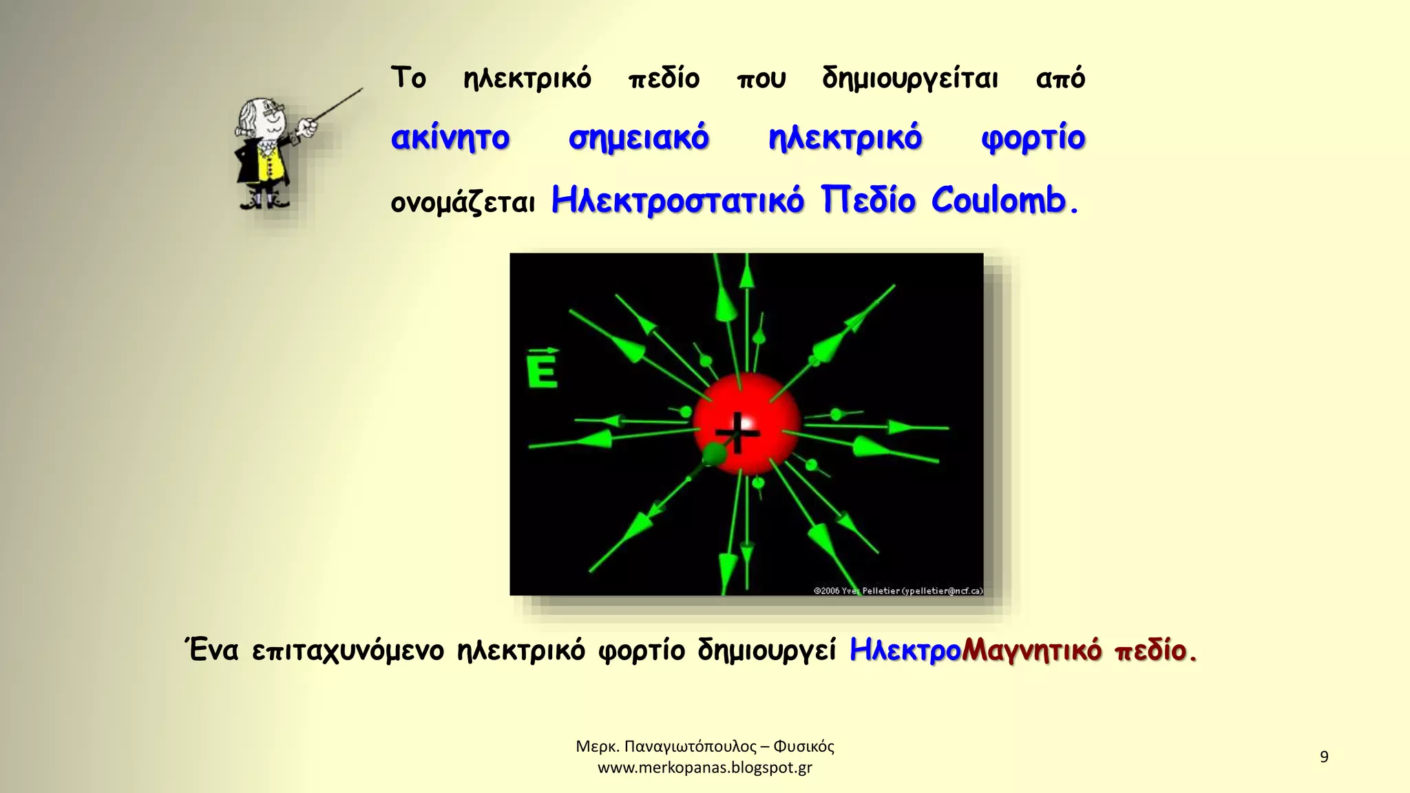 Μερκ. Παναγιωτόπουλος – Φυσικός
www.merkopanas.blogspot.gr
9
Ένα επιταχυνόμενο ηλεκτρικό φορτίο δημιουργεί ΗλεκτροΜαγνητικό πεδίο.
Το ηλεκτρικό πεδίο που δημιουργείται από
ακίνητο σημειακό ηλεκτρικό φορτίο
ονομάζεται Ηλεκτροστατικό Πεδίο Coulomb.
 