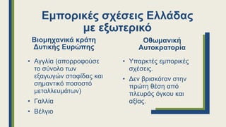 Εμπορικές σχέσεις Ελλάδας
με εξωτερικό
Βιομηχανικά κράτη
Δυτικής Ευρώπης
• Αγγλία (απορροφούσε
το σύνολο των
εξαγωγών σταφίδας και
σημαντικό ποσοστό
μεταλλευμάτων)
• Γαλλία
• Βέλγιο
Οθωμανική
Αυτοκρατορία
• Υπαρκτές εμπορικές
σχέσεις.
• Δεν βρισκόταν στην
πρώτη θέση από
πλευράς όγκου και
αξίας.
 