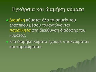 Εγκάρσια και διαμήκη κύματα
 Διαμήκη κύματα: όλα τα σημεία του
ελαστικού μέσου ταλαντώνονται
παράλληλα στη διεύθυνση διάδοσης του
κύματος.
 Στα διαμήκη κύματα έχουμε «πυκνώματα»
και «αραιώματα»
 