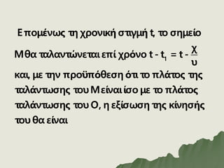 1
Επομένως τη χρονική στιγμή t, το σημείο
χ
Μθα ταλαντώνεταιεπί χρόνο t - t = t -
υ
και, με την προϋπόθεση ότι το πλάτος της
ταλάντωσης τουΜείναιίσο με το πλάτος
ταλάντωσης του Ο, η εξίσωση της κίνησής
του θα είναι
 