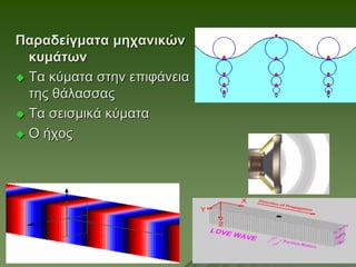 Παραδείγματα μηχανικών
κυμάτων
 Τα κύματα στην επιφάνεια
της θάλασσας
 Τα σεισμικά κύματα
 Ο ήχος
 