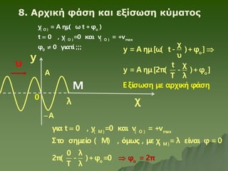 y
A
χ
8. Αρχική φάση και εξίσωση κύματος
( O ) ο
( O ) ( O ) max
0
y = A ημ
( ω t +φ )
t 0 , y =0 και v = +v
φ 0 γιατί ;;;


λ
A

0
Μ
υ
( Μ ) ( O ) max
( Μ )
ο ο
για t 0 , y =0 και v = +v
Στο σημείο ( Μ) , όμως , με χ = λ είναι φ = 0
0 λ
2π( - )+φ =0 φ = 2
T λ
π


ο
ο
χ
y = A ημ[ω
( t - )+φ ]
υ
t
Ε
χ
y =
ξίσ
A ημ[
ωση με
2π( - )+
αρχική
φ ]
λ
T
φάση

 