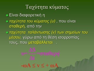 Ταχύτητα κύματος
 Είναι διαφορετική η
 ταχύτητα του κύματος (υ) , που είναι
σταθερή, από την
 ταχύτητα ταλάντωσης (v) των σημείων του
μέσου, γύρω από τη θέση ισορροπίας
τους, που μεταβάλλεται .
ΔS
υ= =σταθερ
-ωΑ
Δ
ω
t
v + Α
ή
 
 