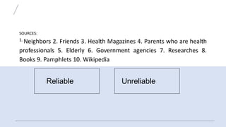 SOURCES:
1. Neighbors 2. Friends 3. Health Magazines 4. Parents who are health
professionals 5. Elderly 6. Government agencies 7. Researches 8.
Books 9. Pamphlets 10. Wikipedia
Reliable Unreliable
 