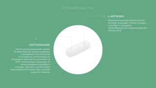 L-АРГИНИН
НАТТОКИНАЗА
Жизненно важная аминокислота,
которая защищает стенки сосудов,
участвует в процессе
кровообращения и формирования
иммунитета.
Наттокиназа разжижает кровь.
По действию ее можно сравнить
с аспирином, но в отличие
от аспирина, наттокиназа не
оказывает негативного влияния на
ЖКТ. Наттокиназа защищает от
возникновения тромбов в
сосудах, при этом не понижает
свертываемость крови при порезах
и других травмах.
АКТИВНЫЕ ВЕЩЕСТВА
 