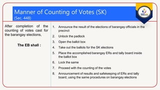 Manner of Counting of Votes (SK)
(Sec. 448)
After completion of the
counting of votes cast for
the barangay elections,
The EB shall :
1. Announce the result of the elections of barangay officials in the
precinct
2. Unlock the padlock
3. Open the ballot box
4. Take out the ballots for the SK elections
5. Place the accomplished barangay ERs and tally board inside
the ballot box
6. Lock the same
7. Proceed with the counting of the votes
8. Announcement of results and safekeeping of ERs and tally
board, using the same procedures on barangay elections
 