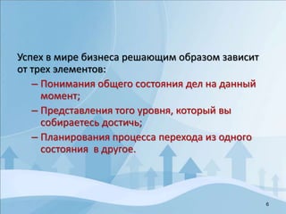 6
Успех в мире бизнеса решающим образом зависит
от трех элементов:
– Понимания общего состояния дел на данный
момент;
– Представления того уровня, который вы
собираетесь достичь;
– Планирования процесса перехода из одного
состояния в другое.
 