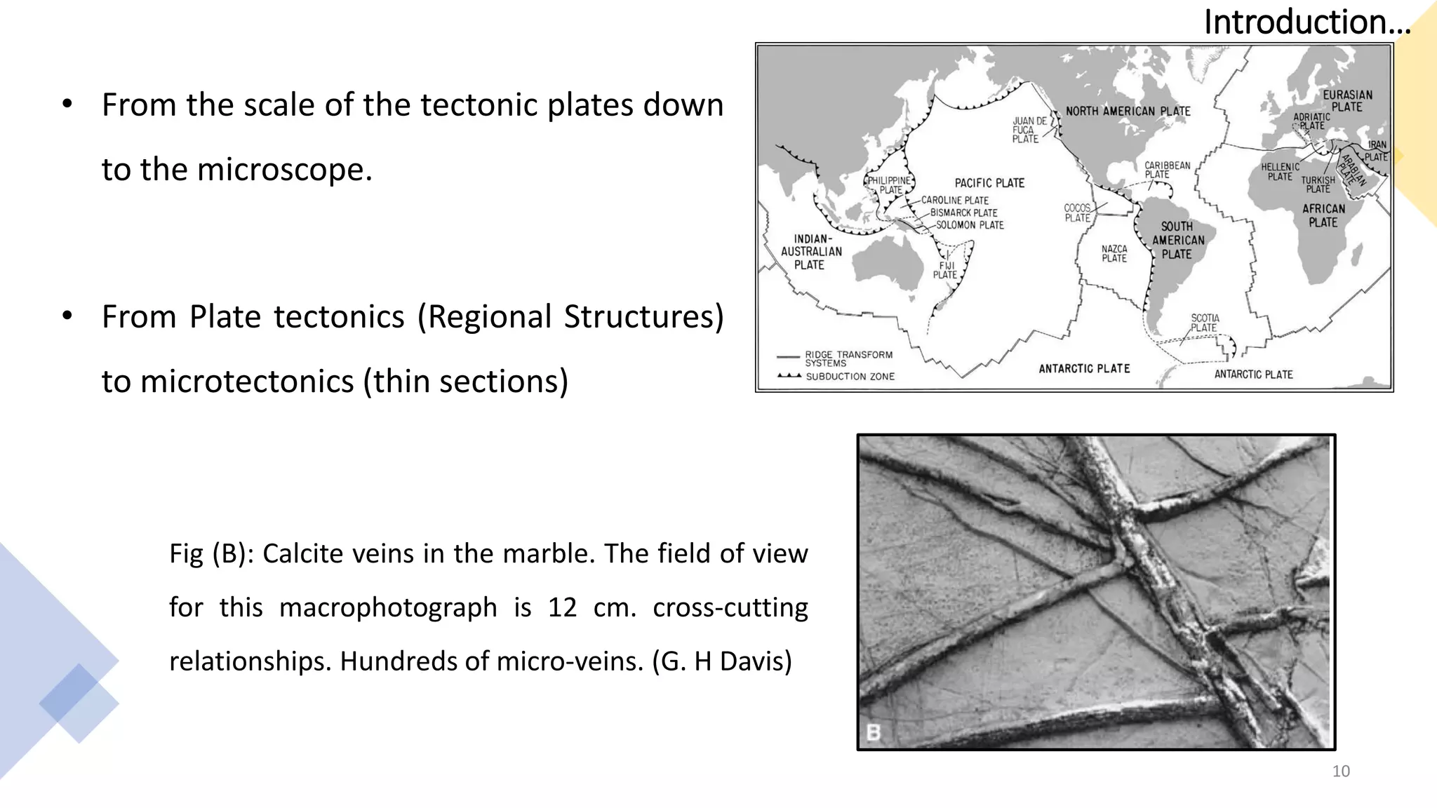 Fig (B): Calcite veins in the marble. The field of view
for this macrophotograph is 12 cm. cross-cutting
relationships. Hundreds of micro-veins. (G. H Davis)
10
• From the scale of the tectonic plates down
to the microscope.
• From Plate tectonics (Regional Structures)
to microtectonics (thin sections)
Introduction…
 