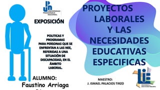PROYECTOS
LABORALES
Y LAS
NECESIDADES
EDUCATIVAS
ESPECIFICAS
ALUMNO:
Faustino Arriaga
MAESTRO:
J. ISMAEL PALACIOS TIRZO
 
