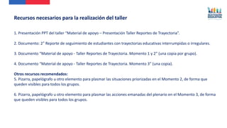 1. Presentación PPT del taller “Material de apoyo – Presentación Taller Reportes de Trayectoria”.
2. Documento: 2° Reporte de seguimiento de estudiantes con trayectorias educativas interrumpidas o irregulares.
3. Documento “Material de apoyo - Taller Reportes de Trayectoria. Momento 1 y 2” (una copia por grupo).
4. Documento “Material de apoyo - Taller Reportes de Trayectoria. Momento 3” (una copia).
Otros recursos recomendados:
5. Pizarra, papelógrafo u otro elemento para plasmar las situaciones priorizadas en el Momento 2, de forma que
queden visibles para todos los grupos.
6. Pizarra, papelógrafo u otro elemento para plasmar las acciones emanadas del plenario en el Momento 3, de forma
que queden visibles para todos los grupos.
Recursos necesarios para la realización del taller
 