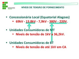 NÍVEIS DE TENSÃO DE FORNECIMENTO
• Concessionária Local (Equatorial Alagoas)
• 69kV - 13,8kV - 7,9kV - 380V - 220V.
• Unidades Consumidoras de MT
• Níveis de tensão de 1kV a 36,2kV.
• Unidades Consumidoras de BT
• Níveis de tensão de até 1kV em CA
 