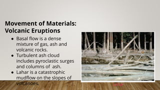 Movement of Materials:
Volcanic Eruptions
● Basal flow is a dense
mixture of gas, ash and
volcanic rocks.
● Turbulent ash cloud
includes pyroclastic surges
and columns of ash.
● Lahar is a catastrophic
mudflow on the slopes of
volcanoes. Lahar
 