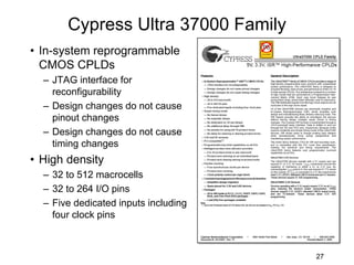 Cypress Ultra 37000 Family
• In-system reprogrammable
CMOS CPLDs
– JTAG interface for
reconfigurability
– Design changes do not cause
pinout changes
– Design changes do not cause
timing changes
• High density
– 32 to 512 macrocells
– 32 to 264 I/O pins
– Five dedicated inputs including
four clock pins
27
 