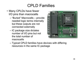 38
CPLD Families
• Many CPLDs have fewer
I/O pins than macrocells
– “Buried” Macrocells – provide
needed logic terms internally
but these outputs are not
connected externally
– IC package size dictates
number of I/O pins but not
the total number of
macrocells
– Typical CPLD families have devices with differing
resources in the same IC package
 