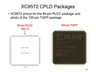 XC9572 CPLD Packages
• XC9572 pinout for the 84-pin PLCC package and
photo of the 100-pin TQFP package
41
84-pin PLCC
(pin 1)
100-pin TQFP
 