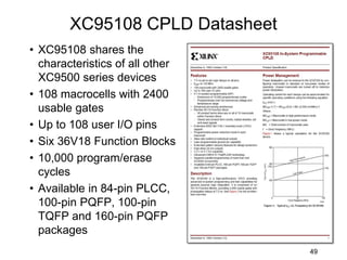 XC95108 CPLD Datasheet
• XC95108 shares the
characteristics of all other
XC9500 series devices
• 108 macrocells with 2400
usable gates
• Up to 108 user I/O pins
• Six 36V18 Function Blocks
• 10,000 program/erase
cycles
• Available in 84-pin PLCC,
100-pin PQFP, 100-pin
TQFP and 160-pin PQFP
packages
49
 
