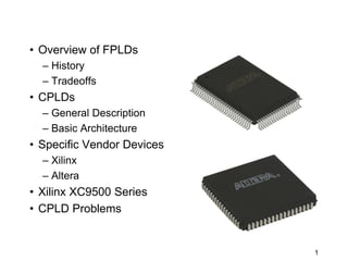 • Overview of FPLDs
– History
– Tradeoffs
• CPLDs
– General Description
– Basic Architecture
• Specific Vendor Devices
– Xilinx
– Altera
• Xilinx XC9500 Series
• CPLD Problems
1
 