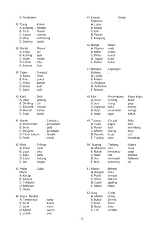 13
E. Pembelaan
37. Tiang : Kokoh
A. Dinding : fondasi
B. Teras : hiasan
C. Lantai : marmer
D. Atap : terlindung
E. Genting : tanah
38. Merah : Mawar
A. Hijau : jati
B. Kuning : apel
C. Putih : melati
D. Hitam : tebu
E. Salmon : ikan
39. Tajam : Tumpul
A. Muka : mata
B. Palu : pukul
C. Pulsa : ponsel
D. Dekat : jauh
E. Sukar : sulit
40. Kulit : Sisik
A. Atap : jantung
B. Dinding : cat
C. Keramik : mozaik
D. Rumah : kamar
E. Tegel : lantai
41. Marah : Cemburu
A. Pemerintah : persamaan
B. Beras : gula
C. Integrasi : persatuan
D. Tidak toleran : fanatik
E. Pahit : manis
42. Mata : Telinga
A. Perut : dada
B. Lutut : siku
C. Kaki : paha
D. Lidah : hidung
E. Jari : tangan
43. Pedas : Cabai
Manis : ....
A. Kecap
B. Sakarin
C. Teh botol
D. Manisan
E. Gadis
44. Suara : Desibel
A. Temperatur : suhu
B. Berat : kalori
C. Jarak : meter
D. Merah : warna
E. Listrik : volt
45. Lampu : Gelap
Makanan :....
A. Lapar
B. Mulus
C. Gizi
D. Penuh
E. Kenyang
46. Bunga : Buket
A. Pigmen : mata
B. Balon : udara
C. Pintu : kunci
D. Tubult : kulit
E. Kertas : buku
47. Rumput : Lapangan
Bintang : ....
A. Langit
B. Malam
C. Angkasa
D. Antariksa
E. Nebula
48. Ulat : Kepompong : Kupu-kupu
A. Kecil : sedang : besar
B. Sore : siang : pagi
C. Ngantuk : tidur : mimpi
D. Bayi : anak-anak : remaja
E. Anak : ayah : kakek
49. Tukang : Gergaji : Palu
A. Guru : kapur : topi
B. Penari : topi : selendang
C. Montir : obeng : tang
D. Penulis : kuas : cat
E. Tukang : obat : stetoskop
50. Burung : Terbang : Udara
A. Makanan : nasi : meja
B. Rokok : tembakau : asap
C. Kuas : cat : tembok
D. Ibu : memasak : halaman
E. Ikan : berenang : air
51. Macan : Belang
A. Bangun : tidur
B. Posisi : tempat
C. Virus : bakteri
D. Gajah : gading
E. Racun : maut
52. Susu : Gelas
A. Makan : orang
B. Bubur : piring
C. Nasi : beras
D. Bulat : telor
E. Teh : sendok
 