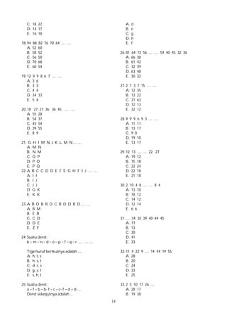 18
C. 18 22
D. 14 17
E. 16 18
18. 94 88 82 76 70 64 .... ....
A. 52 60
B. 58 52
C. 56 50
D. 70 68
E. 60 54
19. 12 9 9 8 6 7 .... ....
A. 3 6
B. 3 3
C. 4 4
D. 34 33
E. 5 4
20. 18 27 27 36 36 45 .... ....
A. 55 28
B. 54 37
C. 45 54
D. 39 55
E. 8 9
21. G H I M N J K L M N ... ...
A. M N
B. N M
C. O P
D. P O
E. P Q
22. A B C C D D E F E G H F I J .... ....
A. I I
B. I J
C. J J
D. G K
E. K K
23. A B D B B D C B D D B D .... ....
A. B M
B. E B
C. C D
D. D E
E. Z F
24. Suatu deret :
b – m – n – d – o – p – f – q – r .... .... ....
Tiga huruf berikutnya adalah ....
A. h, t, s
B. h, s, t
C. d, r, s
D. g, s, t
E. s, h, t
25. Suatu deret :
a – f – b – b- f – c – c- f – d – d ....
Deret selanjutnya adalah ...
A. d
B. e
C. g
D. h
E. f
26. 81 64 72 56 .... .... 54 40 45 32 36
A. 66 38
B. 61 42
C. 32 39
D. 63 48
E. 30 32
27. 2 1 3 7 15 .... ....
A. 12 35
B. 13 22
C. 31 63
D. 12 13
E. 32 12
28. 9 9 9 6 9 3 .... ....
A. 11 11
B. 13 17
C. 9 0
D. 19 10
E. 13 17
29. 12 13 .... .... 22 27
A. 19 12
B. 15 18
C. 22 24
D. 22 18
E. 21 18
30. 2 10 4 8 .... .... 8 4
A. 13 10
B. 18 12
C. 14 12
D. 12 14
E. 6 6
31. .... 34 35 39 40 44 45
A. 17
B. 13
C. 30
D. 41
E. 33
32. 11 4 22 9 .... 14 44 19 55
A. 28
B. 20
C. 24
D. 33
E. 25
33. 2 5 10 17 26 ....
A. 28 17
B. 19 38
 